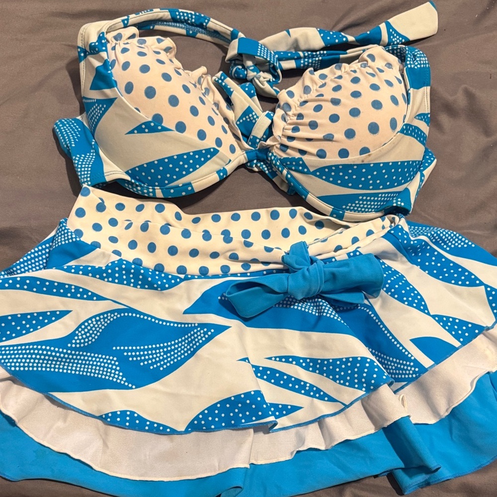 Blue and White Polka Dot Halter Bikini Set